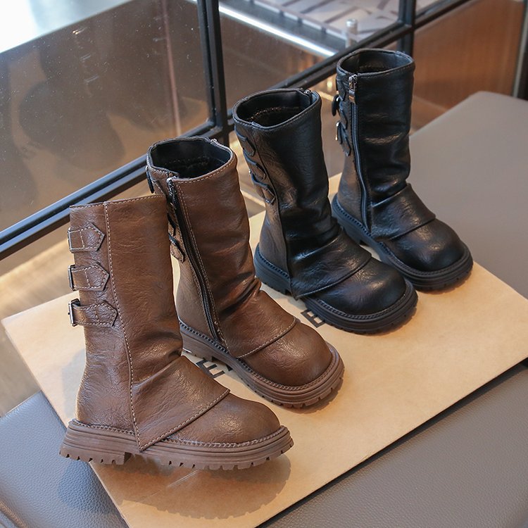 Girls’ British Style Cotton Leather Winter Boots