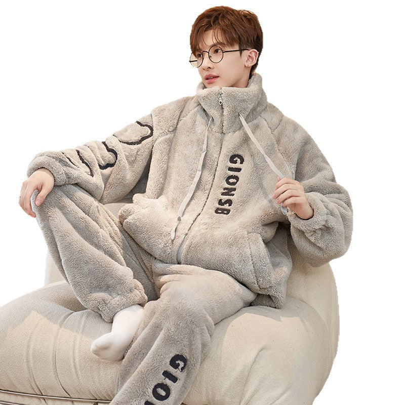 Men’s Coral Velvet Pajamas Set Winter Fleece Home Wear