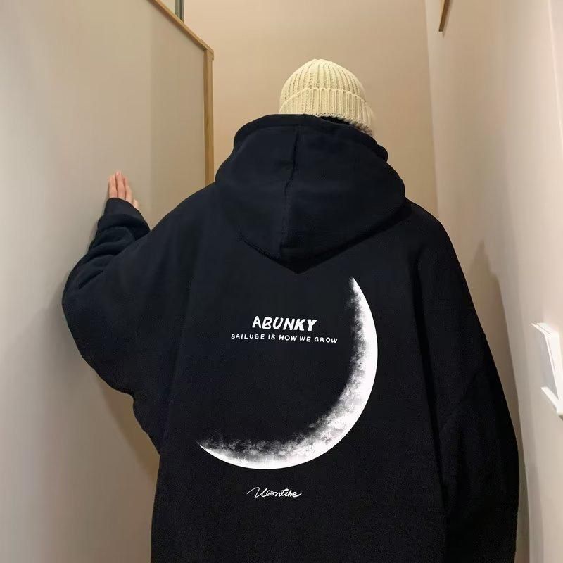 Men’s Moon Print Hoodie – Blue American Streetwear Jacket
