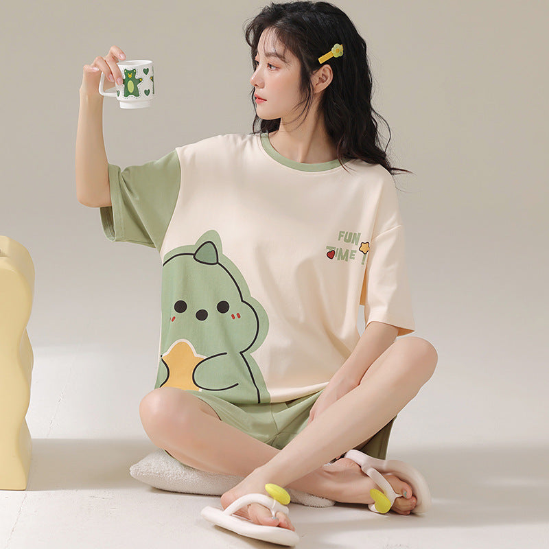 Pajamas women summer cotton short-sleeved shorts suit summer