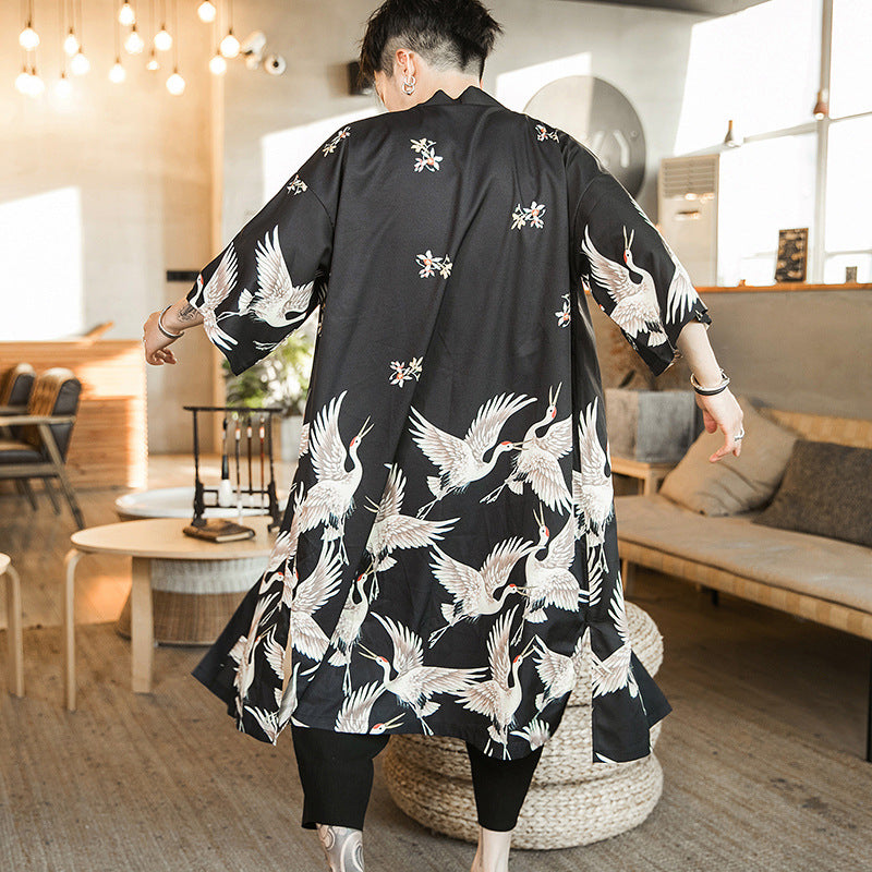 Men’s Crane Print Kimono Summer Loose Retro Cloak