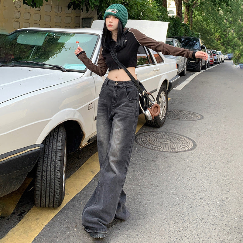 2025 Autumn American Grey High-Waist Straight Women’s Jeans