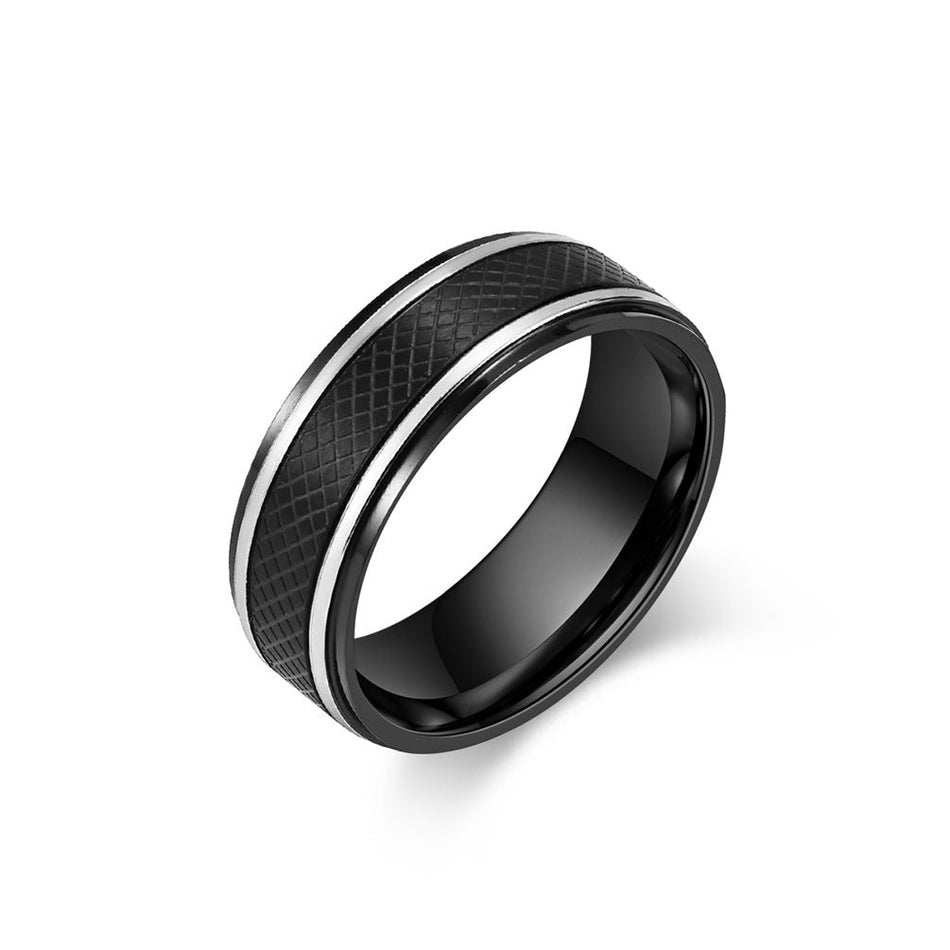 Men's Black Titanium Steel Rhombus Plaid Fashion Ring