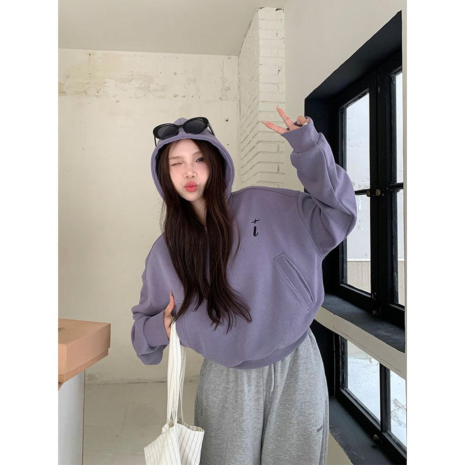 Women Purple Hooded American Sweatshirt Thickened Loose Fit