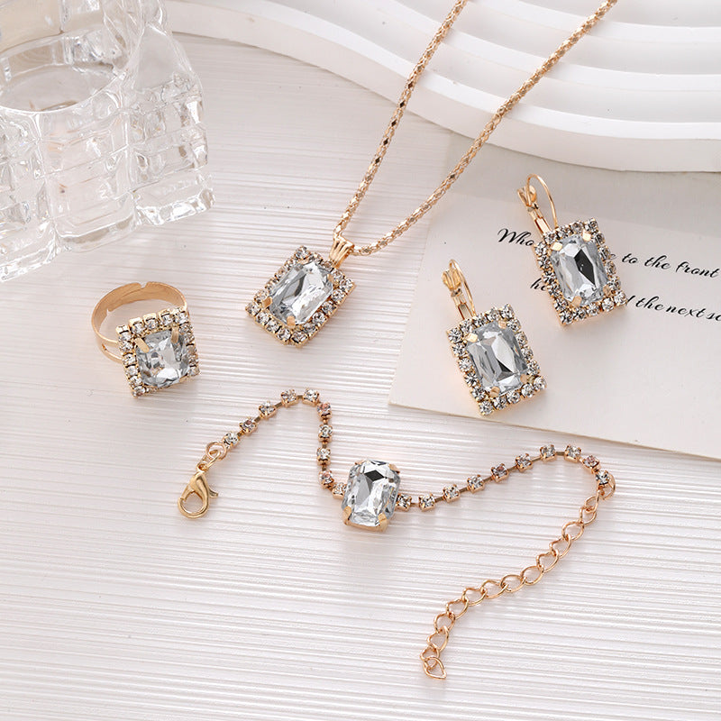 Geometric Rhinestone Bridal Set | 4-Piece Diamond Jewelry