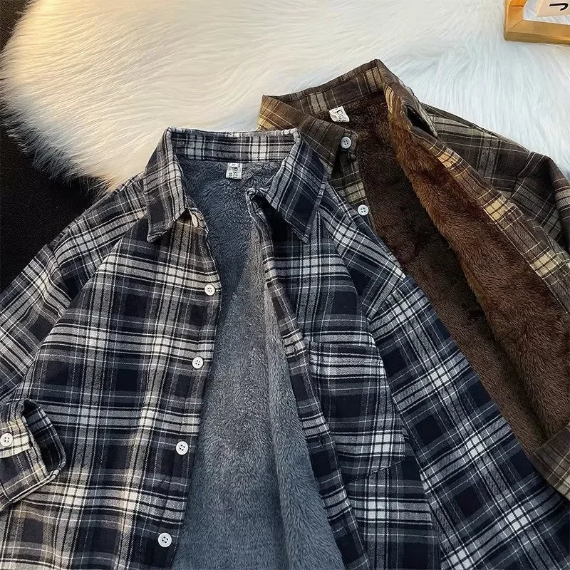 STOCK-Men’s Retro Plaid Fleece-Lined Shirt – Warm & Casual