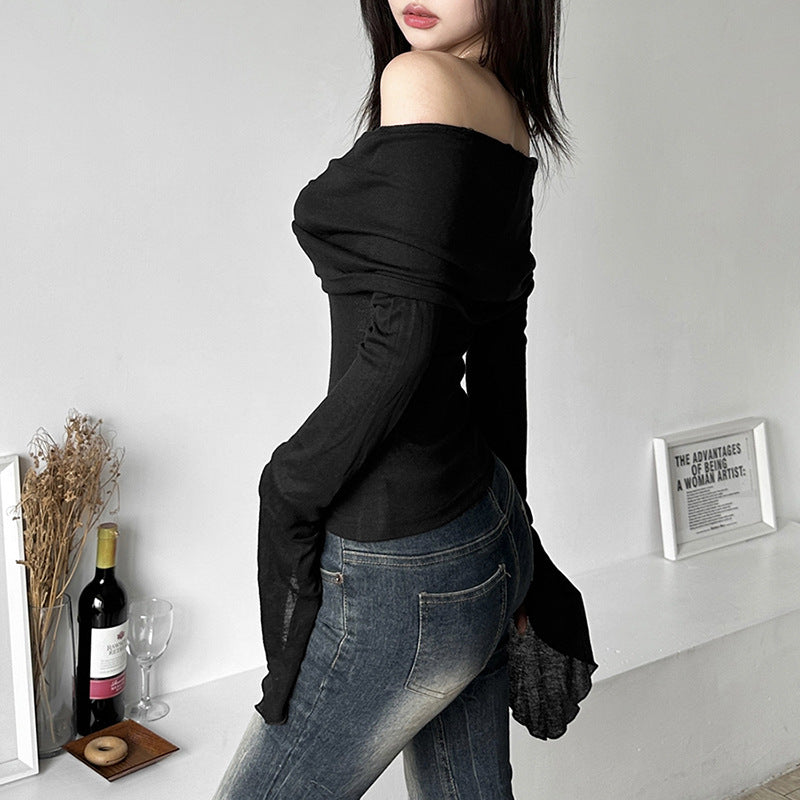 One Line Collar Backless Slim Long Sleeve T Shirt Women Tops