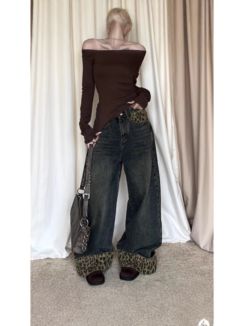 American Retro Leopard Hem Wide-Leg Jeans for Women