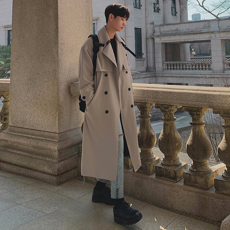Men’s Over-the-Knee Trench Coat – Korean Style Double-Breasted