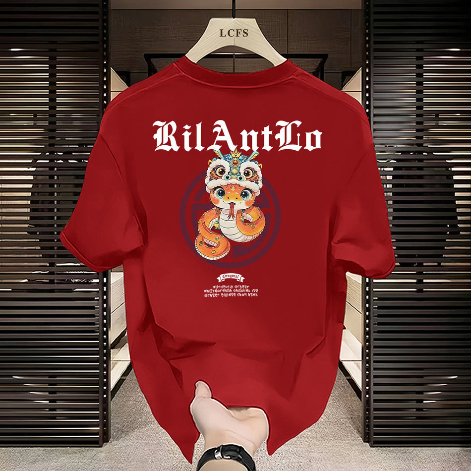 Red Snake Print Cotton T-Shirt for Men – 2025 Trendy Tee