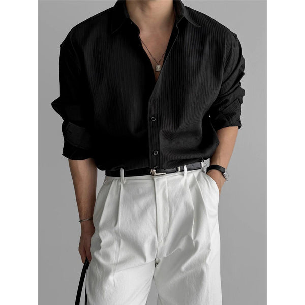 STOCK-Men's Black Long-Sleeve Non-Iron Vertical Stripe Shirt