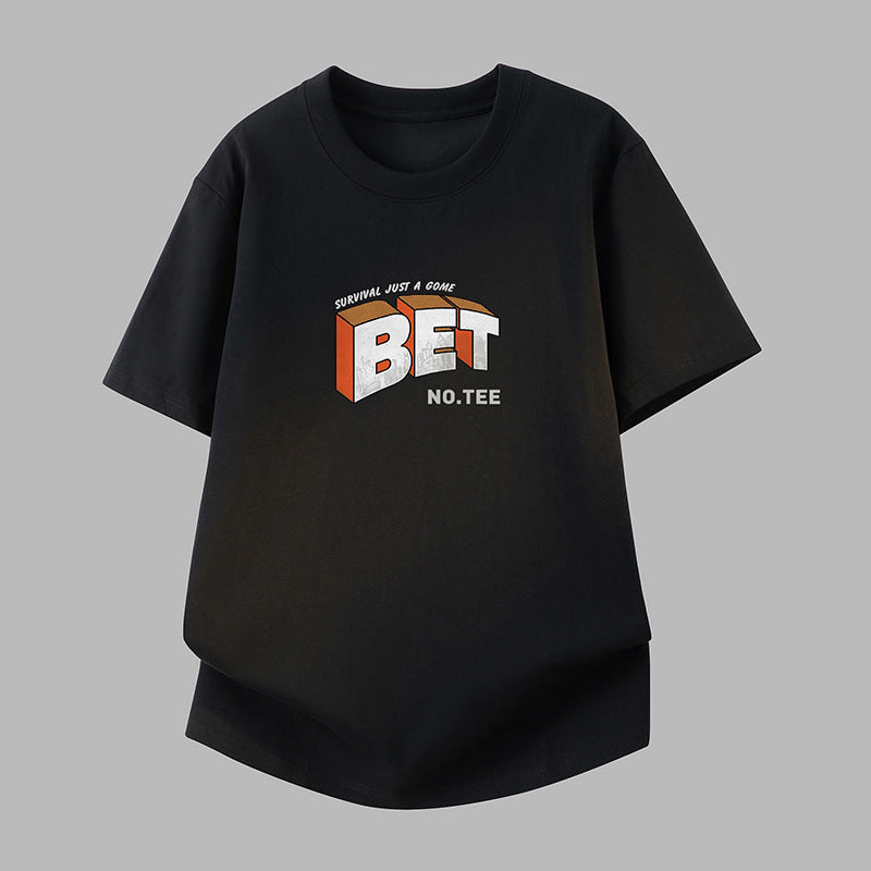 Men's Pure Cotton 3D Print Loose Crew Neck Black T-Shirt