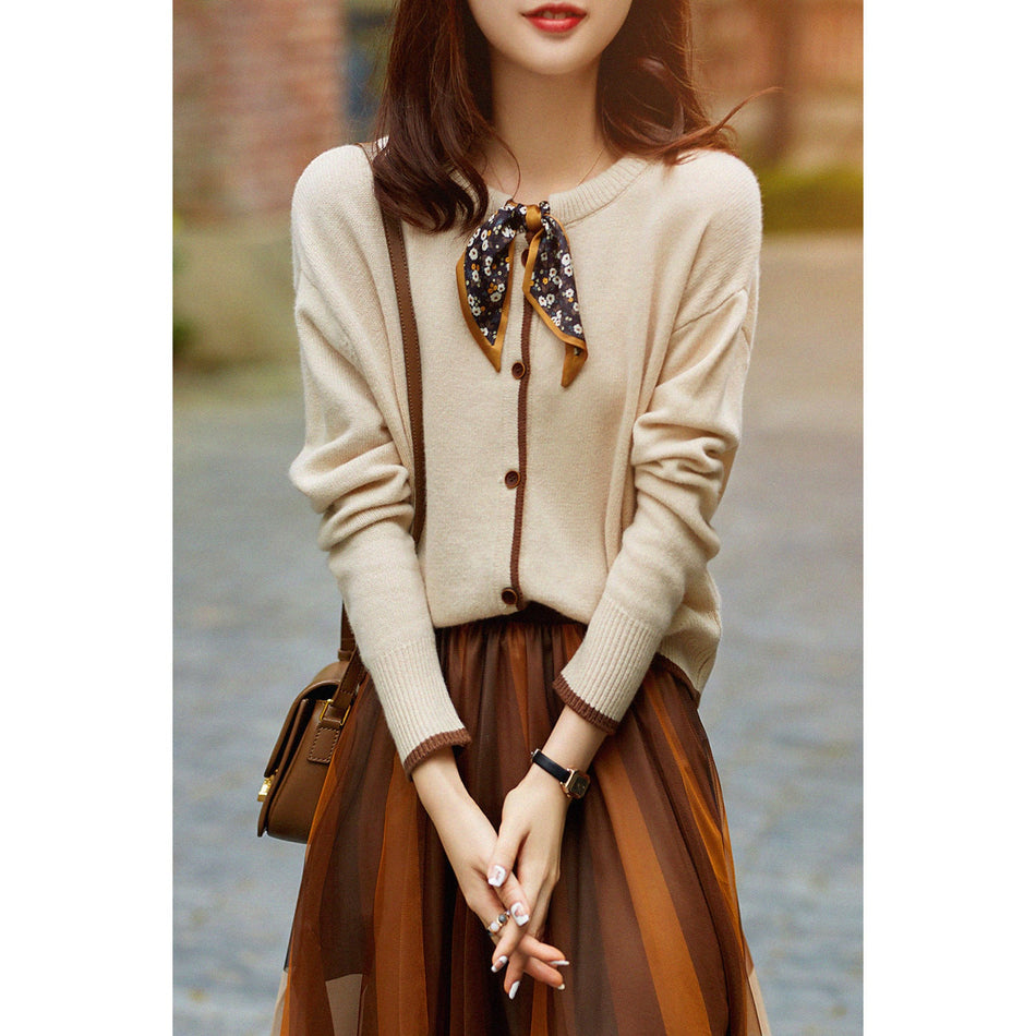 Women’s Spring-Autumn Knitted Cardigan & Silk Scarf