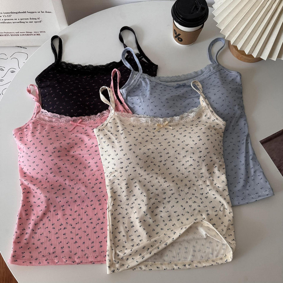Floral Lace Camisole with Pads Korean Style Crop Top