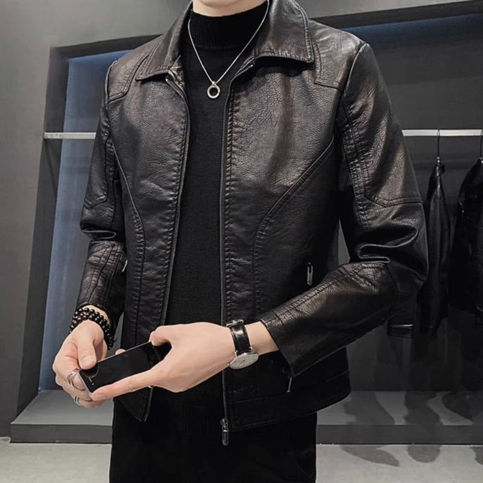 STOCK-Slim Men’s Leather Jacket | Autumn Winter Korean Motorcycle