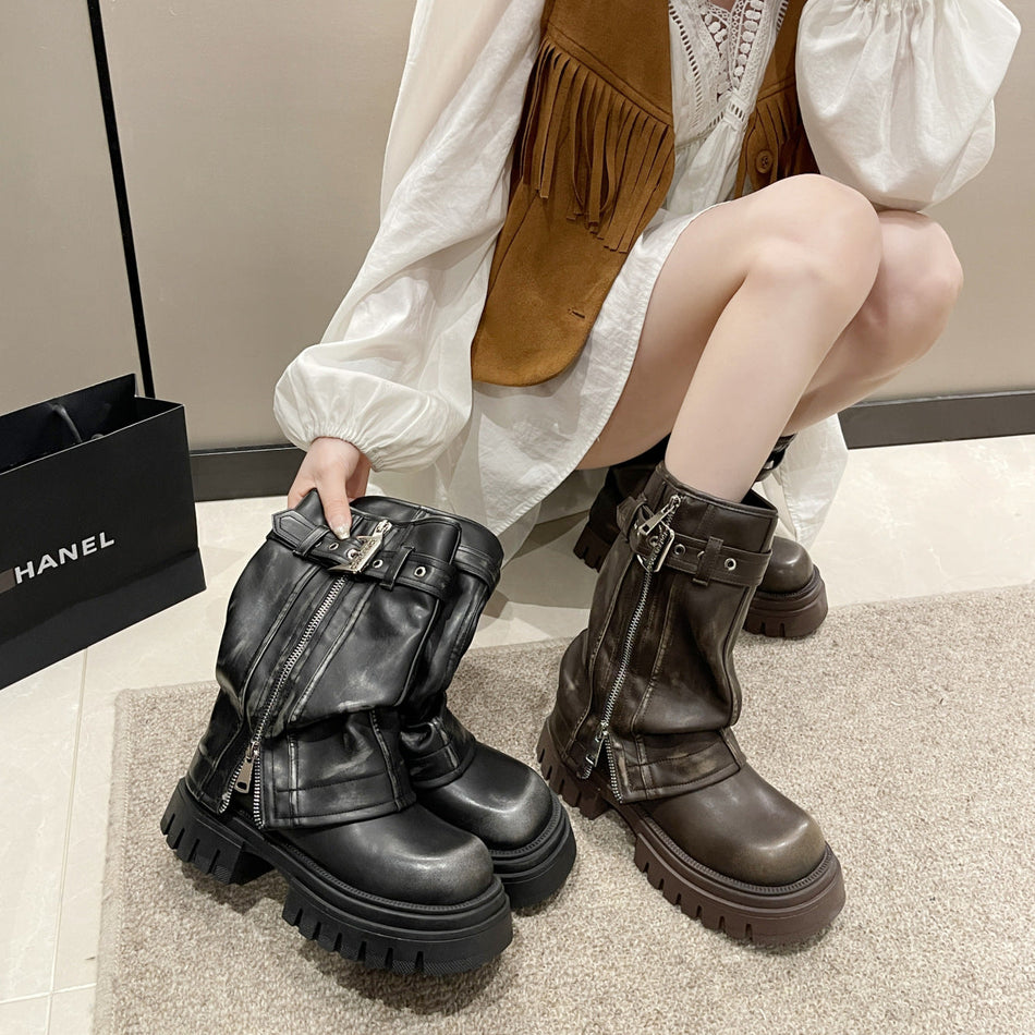 British Style Brown Chunky Heel Martin Boots