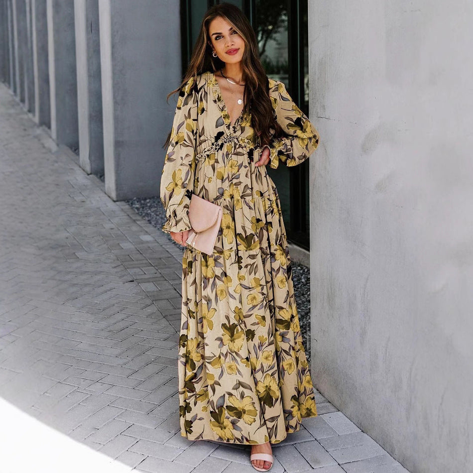 STOCK-Long Sleeve Printed Evening Dress
