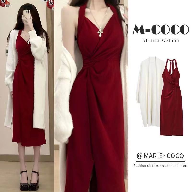 STOCK-Women’s Red Chinese-Style Sweater Two-Piece Set