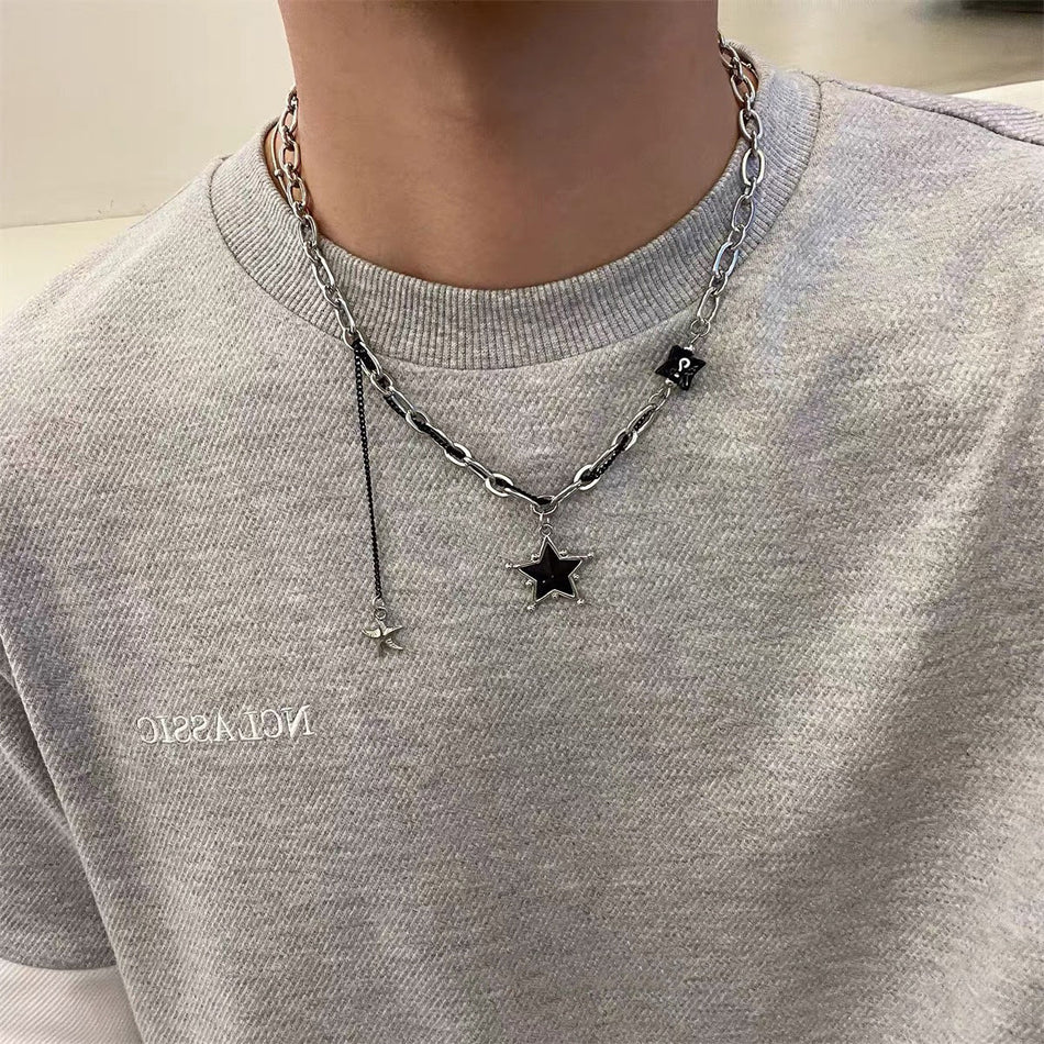 STOCK-Black Star Pendant Necklace – Trendy Hip-Hop Chain