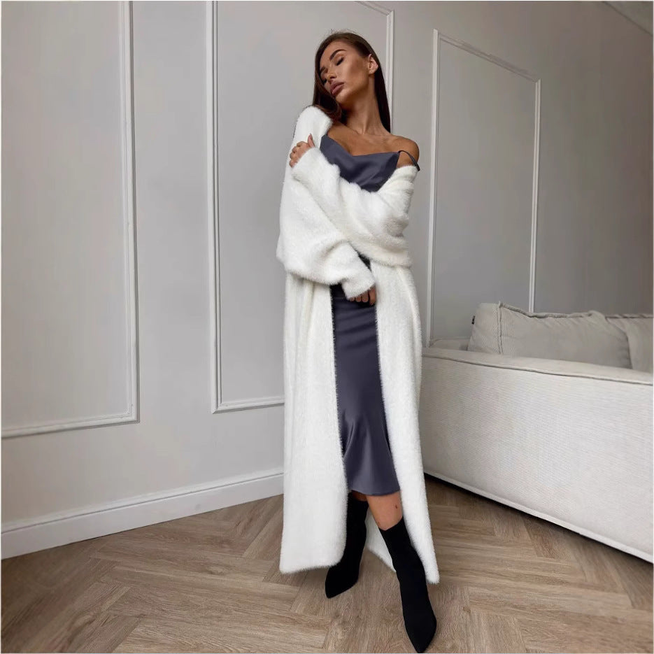 Women’s White Plush Imitation Mink Long Cardigan