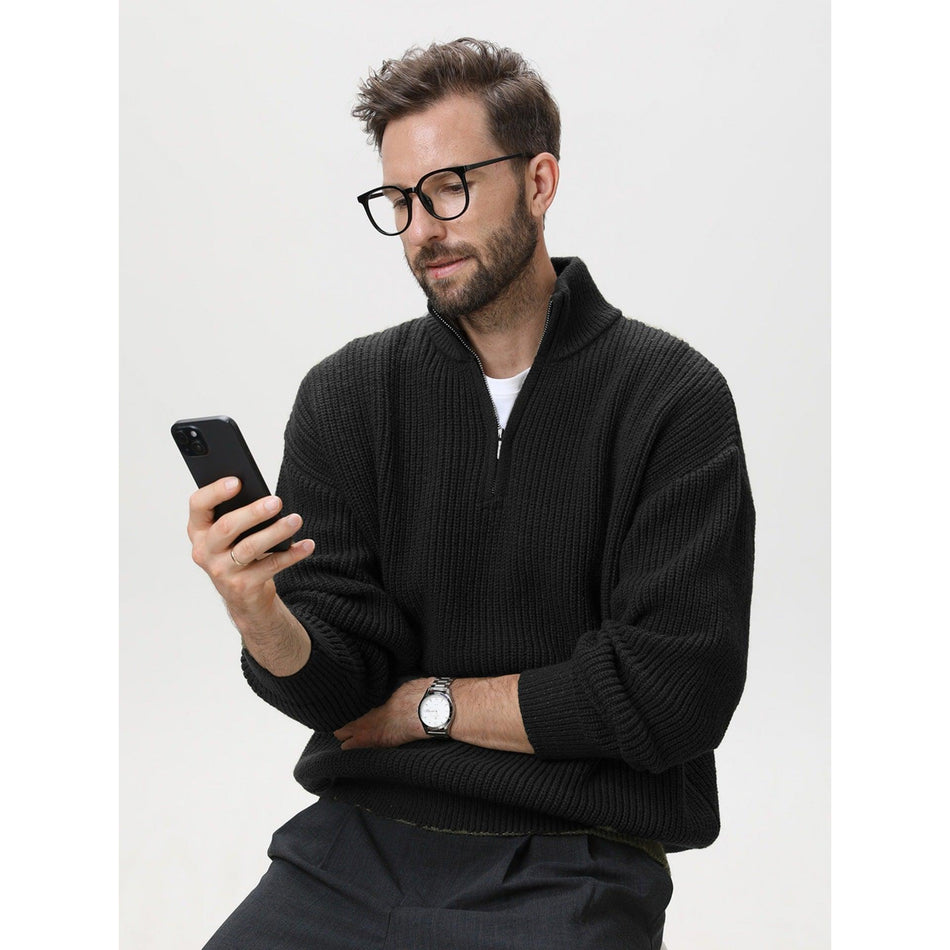 Half-Zip Stand-Up Collar Vertical Stripe Knit Jacket Men Fit