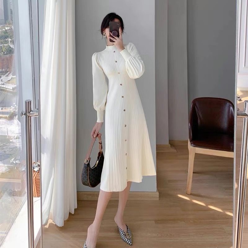 STOCK-Half-High Collar Korean Style Knitted Sweater Dress