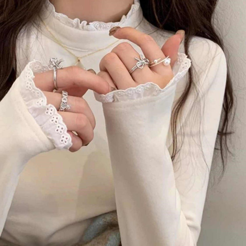 Stand Collar Lace Velvet Slim Base Shirt