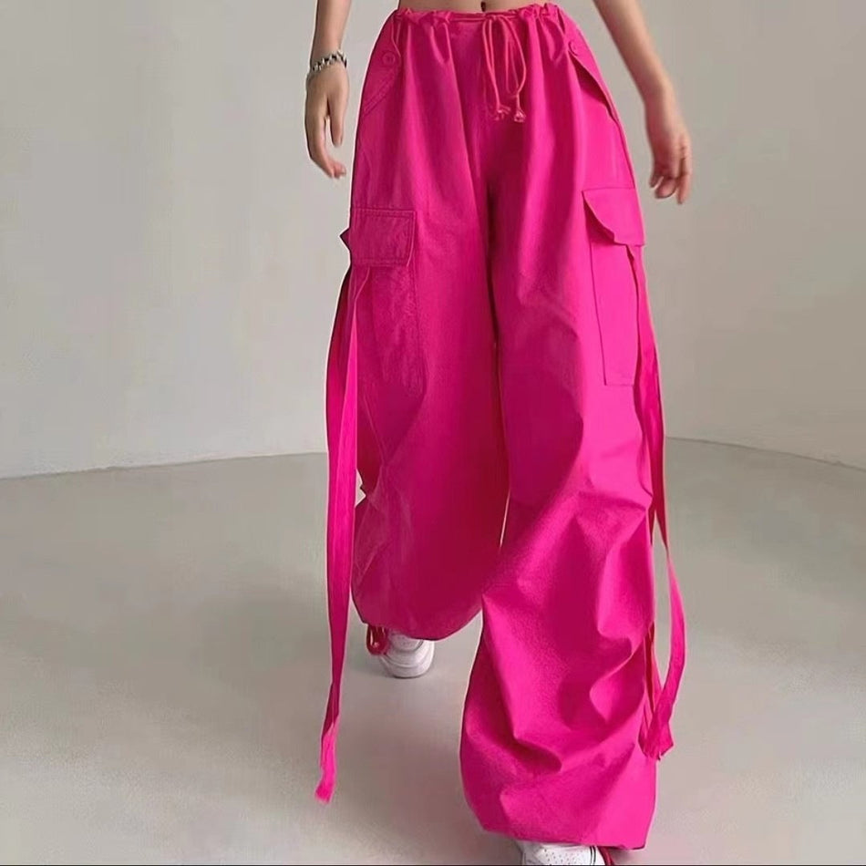 Rose Red Low-Waist High Street Pants