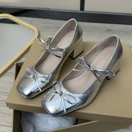 Black 6.5cm silver mary jane mid heel shoes for women