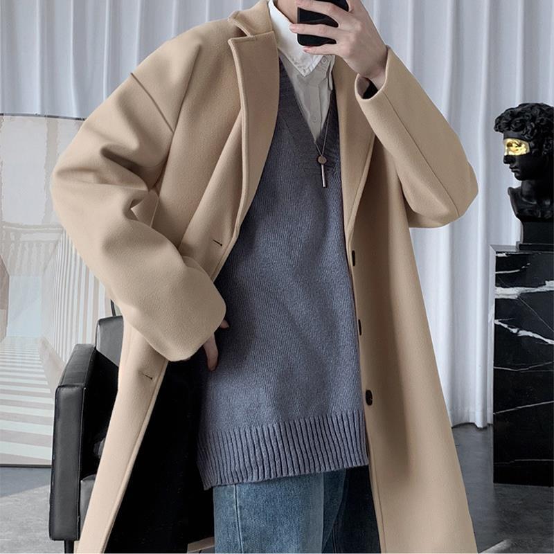 STOCK-Men’s Woolen Mid-Length Trench Coat Autumn Winter Slim Fit