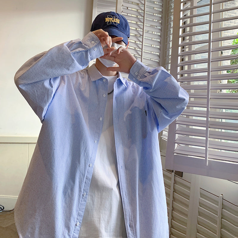 Men's Japanese Cityboy Striped Loose Long-Sleeve Shirt Jacket