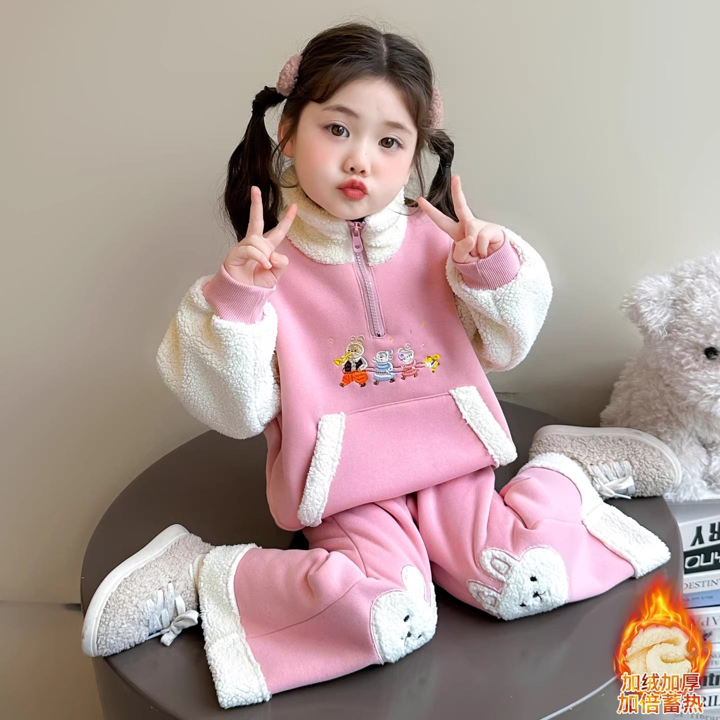 Girls Cartoon Pants Set – Winter Stand Collar Outfit – Outfit Sets – Image 6