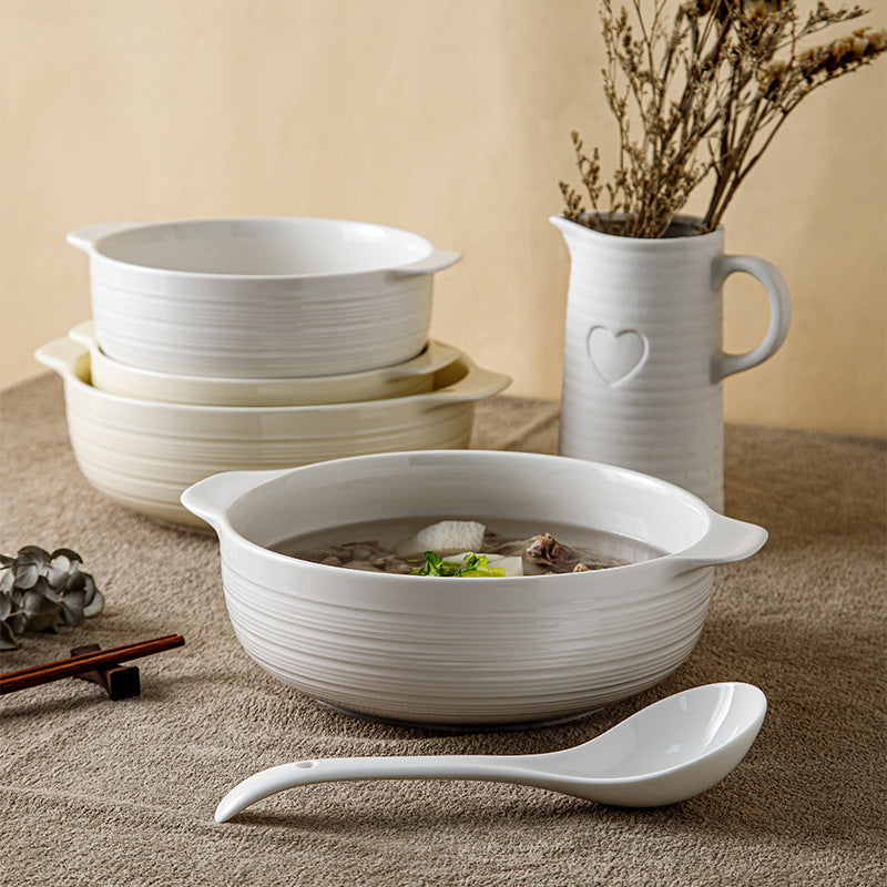 Ceramic Double-Handle Soup Bowl Large Capacity Basin - 2 Pc