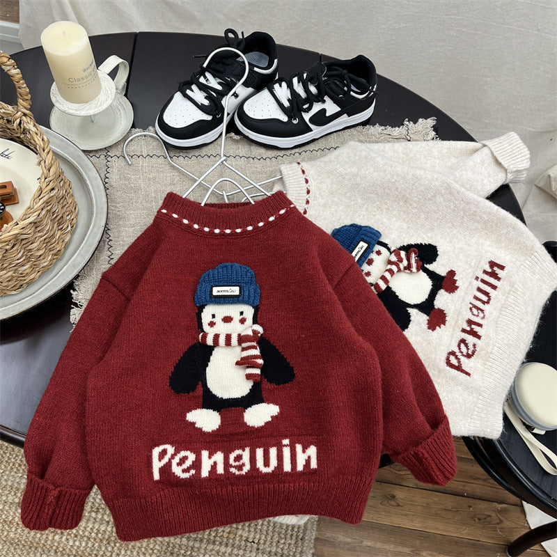 Boys' Red Sweater Winter Thickened Baby Knit Top Festive Outfit