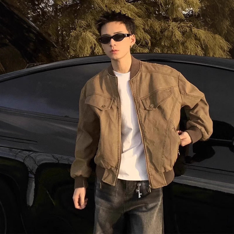 Brown Harrington Jacket – Men’s Retro Aviator Baseball Coat