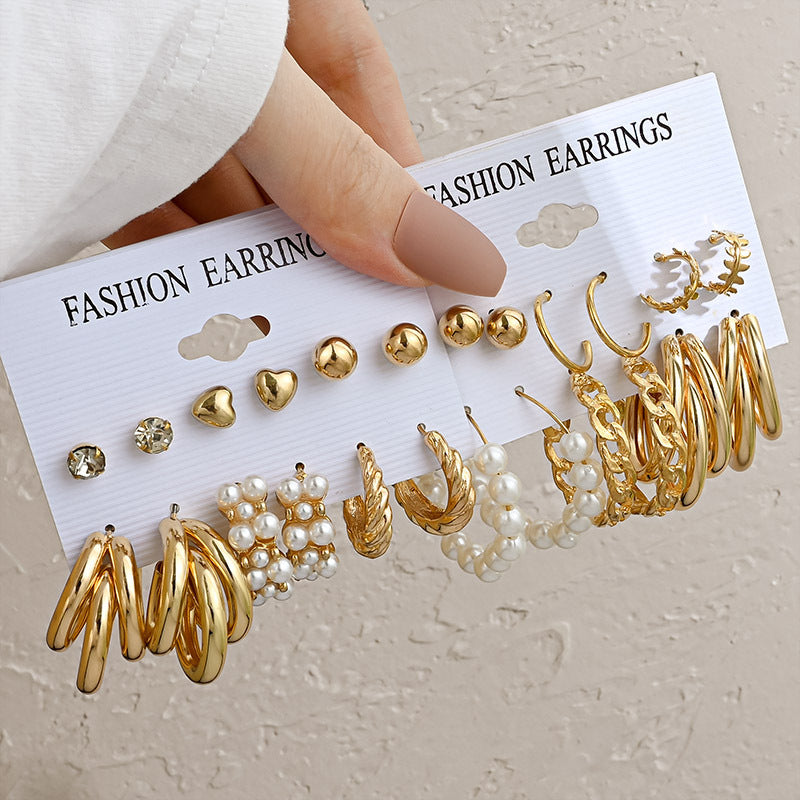 Retro Gold Earrings Set | Geometric Pearl & Diamond Style