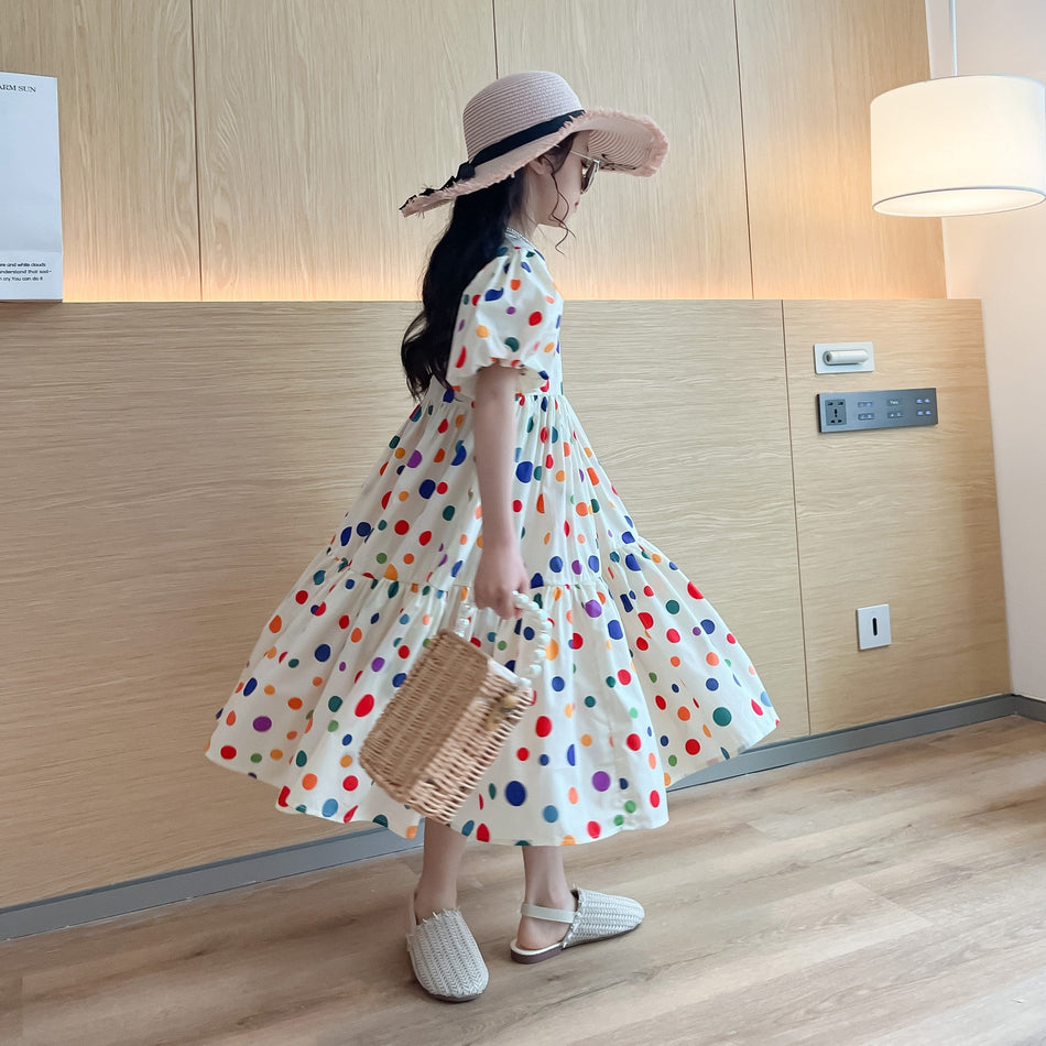 Girls' Colorful Polka Dot Dress – Summer Korean Long Dress