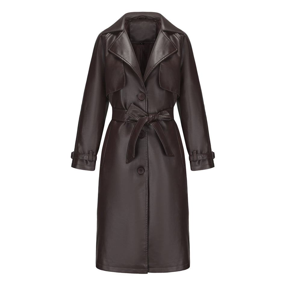PU Leather Oversize Lapel Belted Windbreake