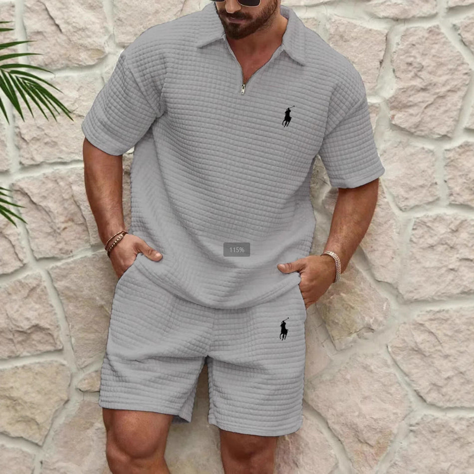 Summer Men's Waffle Solid Color Pony Lapel Shirt