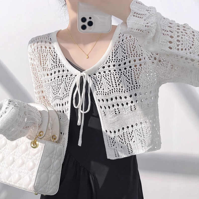 Lace-Up Knit Cardigan – Elegant V-Neck Summer Layer