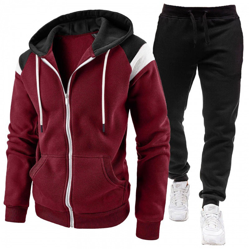 Men's Color-Matching Zipper Sports Hoodie Casual Sweatshirt Suit