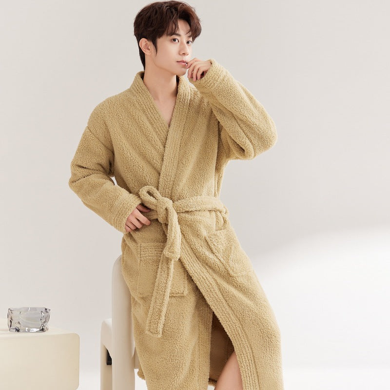 Men’s Red Fleece-Lined Bathrobe – Thick Warm Autumn Winter Robe