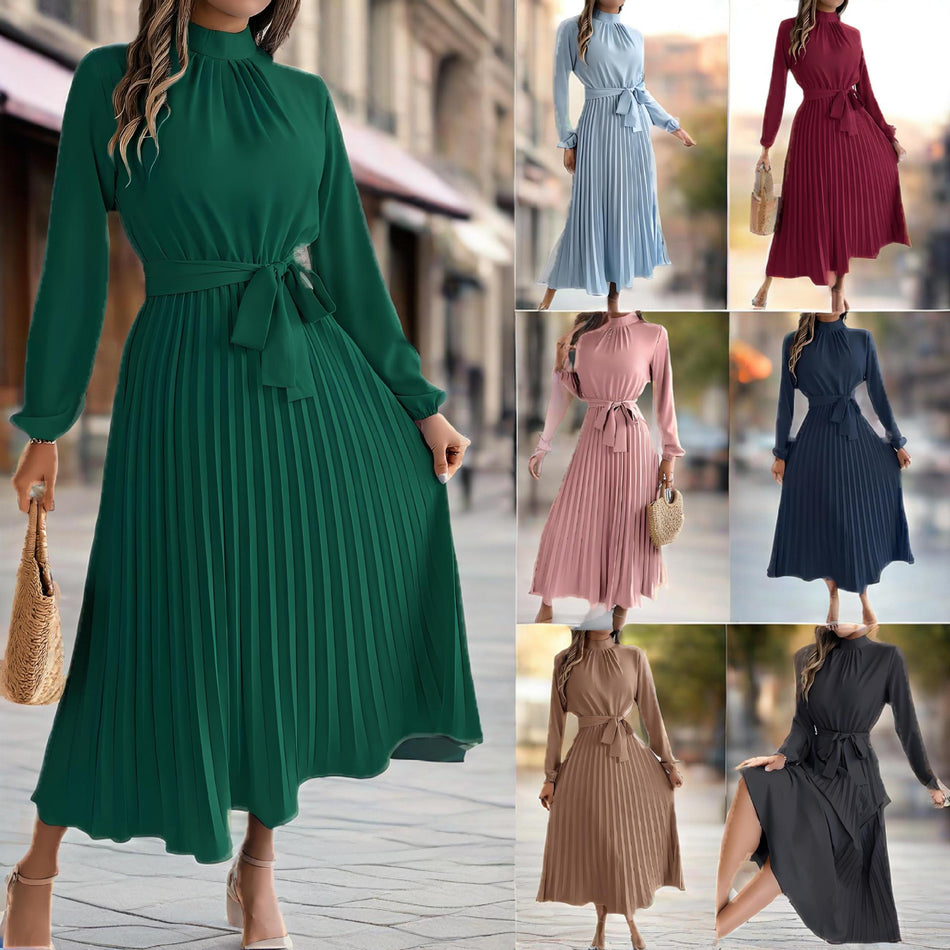 2026 Elegant Stand-Collar Pleated Mini Dress for Women