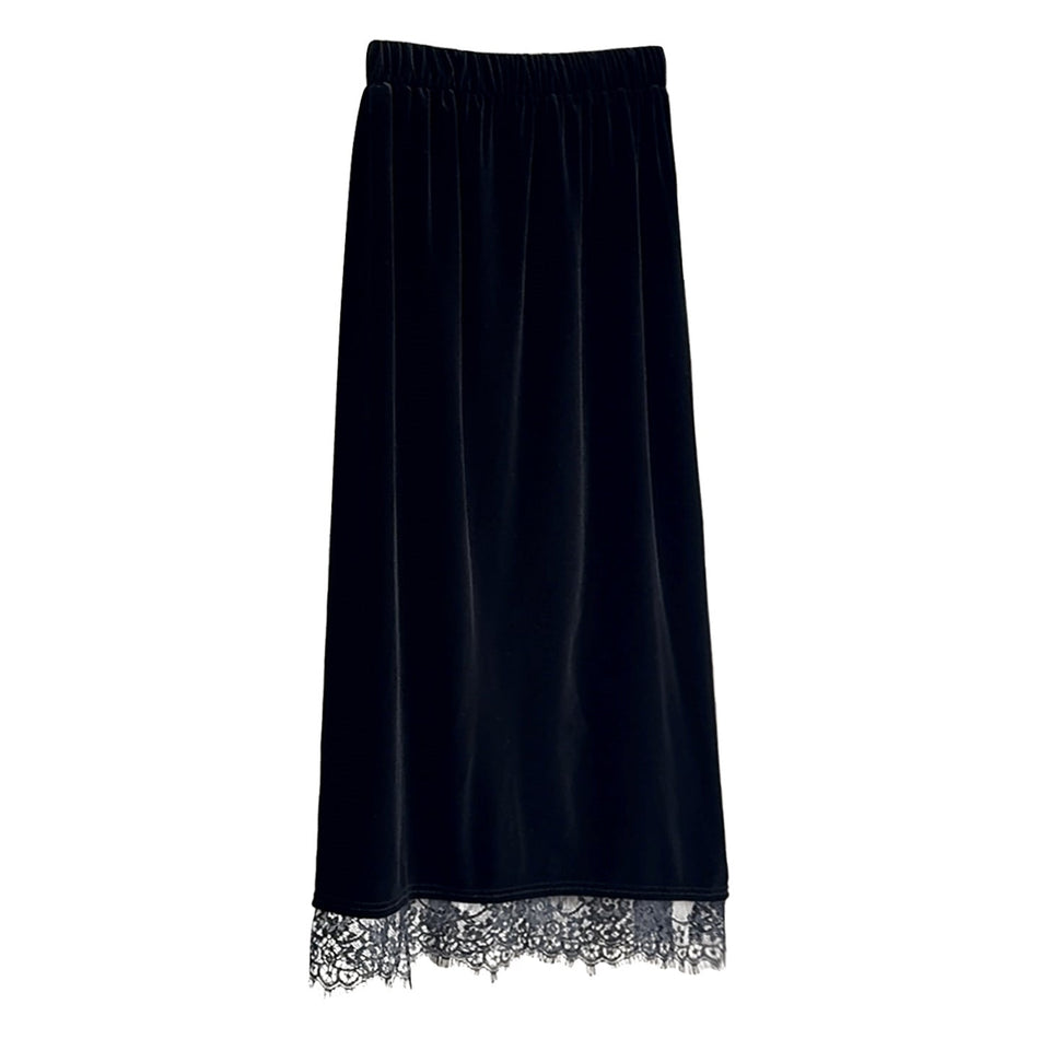 Velvet Lace Slit Midi Skirt High Waist Autumn Winter