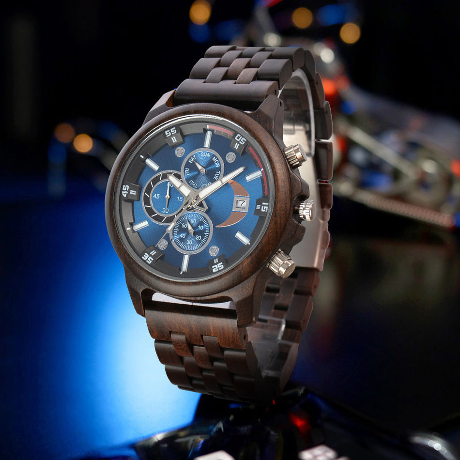 Men’s Sandalwood Quartz Watch – Multi-Function Wooden Dial