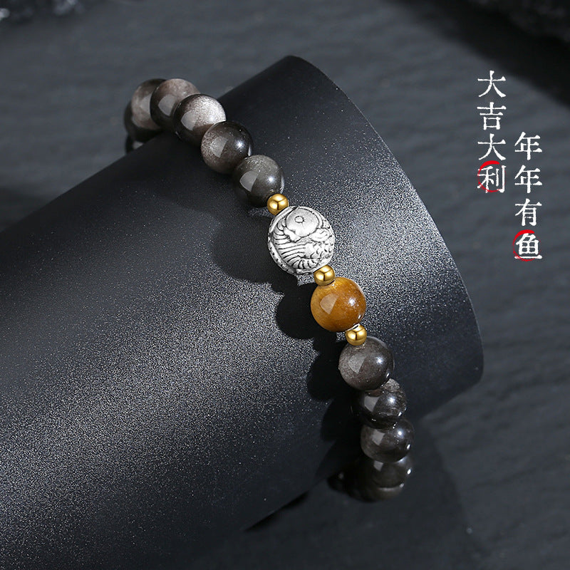 Obsidian & Silver Koi Bracelet – Retro Luxury for Men