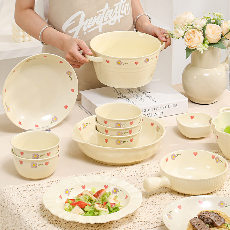 Cream Ceramic Bowl Set Rice Soup Double-Handle Tableware