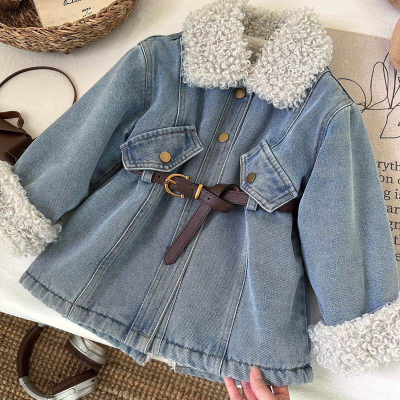 2025 Girls’ Fleece-Lined Denim Jacket – Korean Style