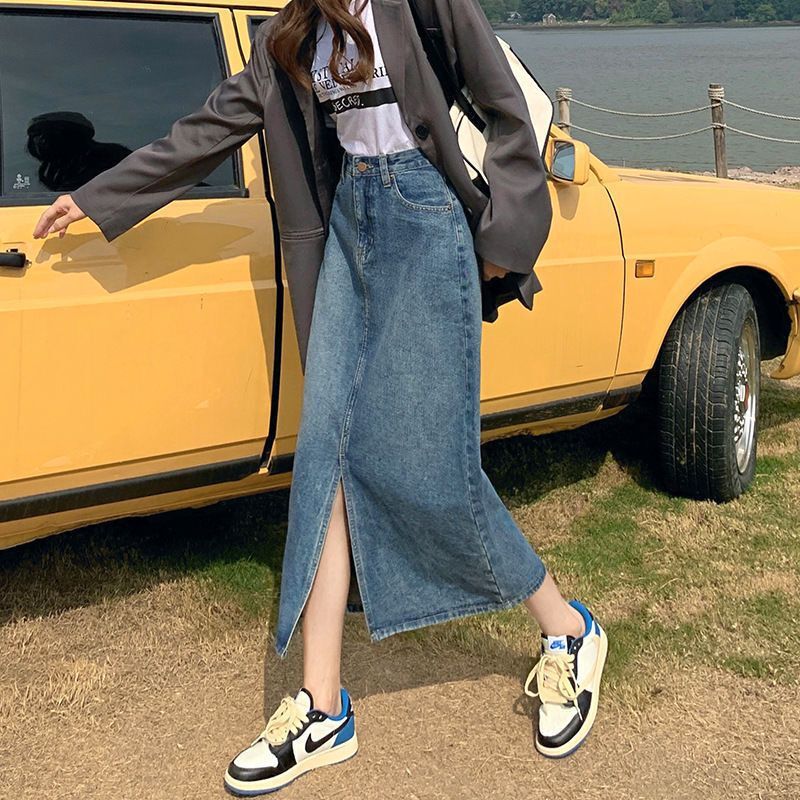 High-Waist Denim Slit A-Line Midi Skirt