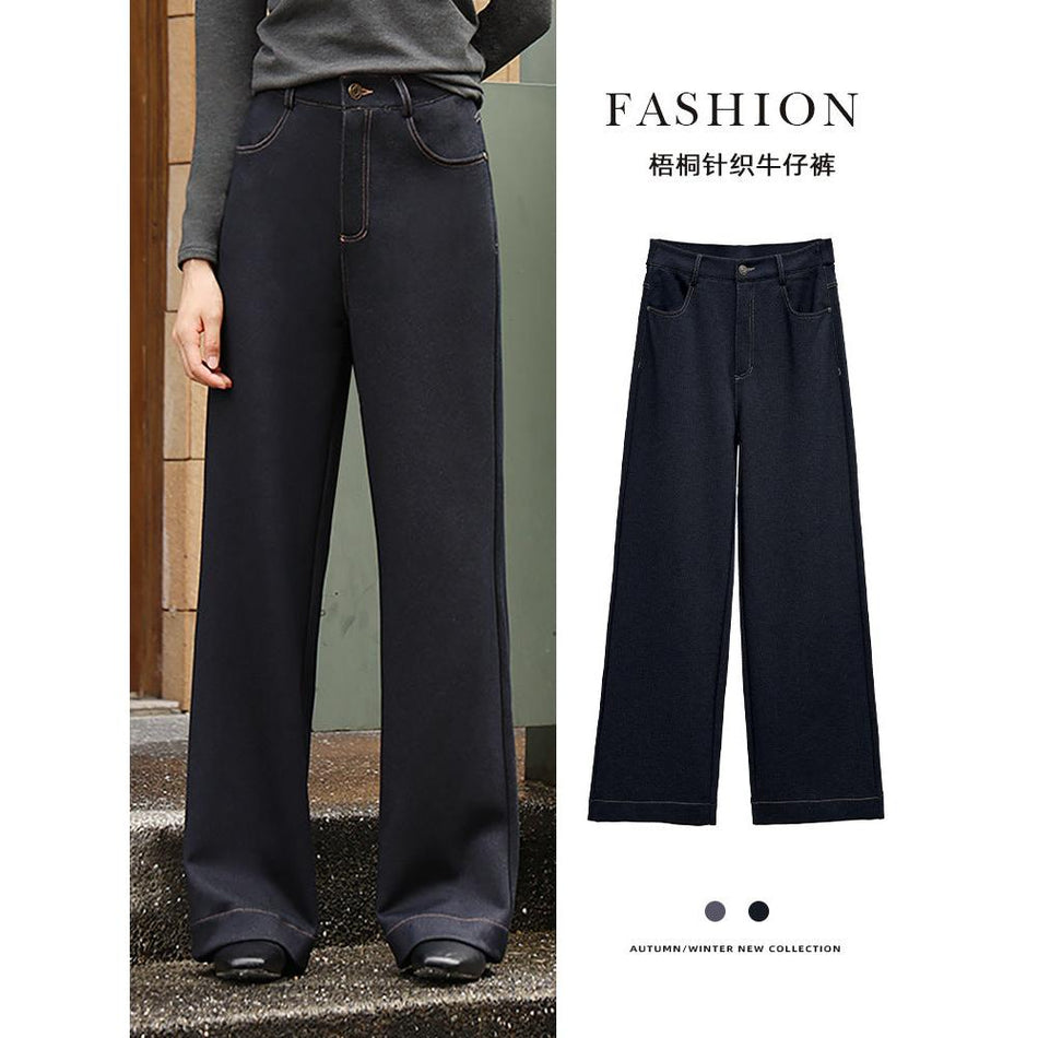 Women High Waisted Velvet Straight Jeans Winter Dark Blue Fit